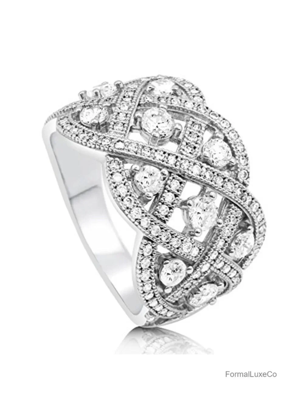 Sterling Silver Woven Art Deco Statement Ring Cubic Zirconia CZ, Nickel Free